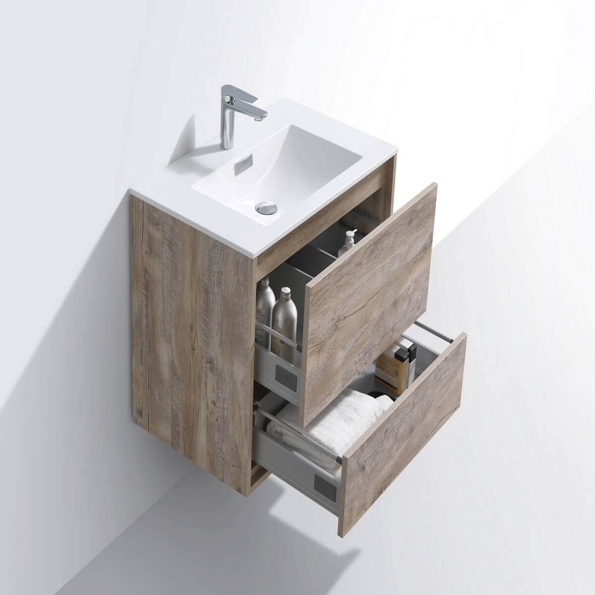 KubeBath DeLusso 30" Nature Wood Wall Mount Single Vanity DL30-NW Open Drawers #finish_nature wood