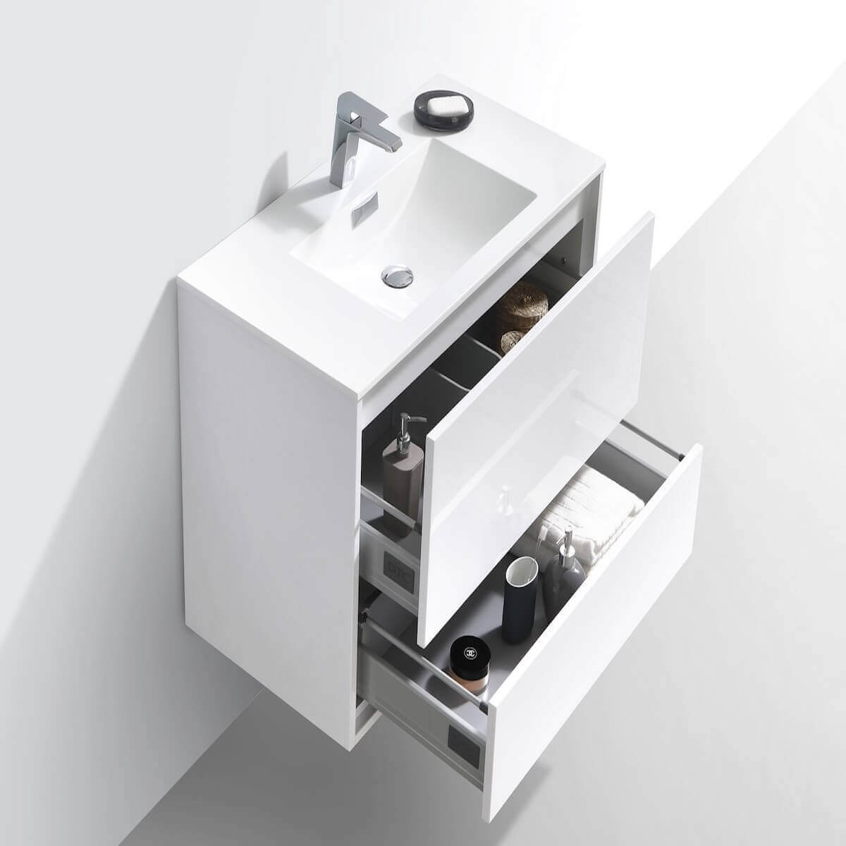 KubeBath DeLusso 36" Gloss White Wall Mount Single Vanity DL36-GW Open Drawers #finish_high gloss white