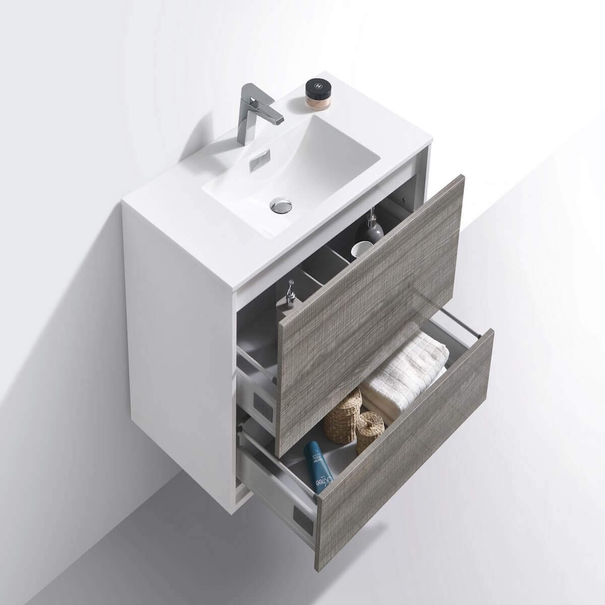 KubeBath DeLusso 36" Ash Gray Wall Mount Single Vanity DL36-HGASH Open Drawers #finish_ash gray