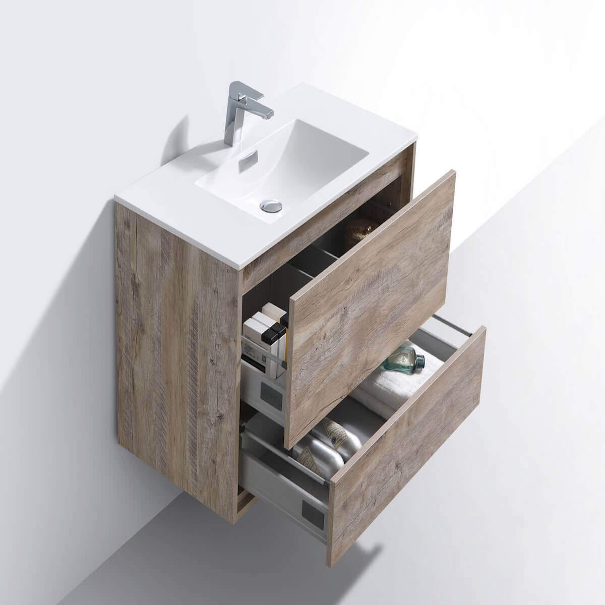 KubeBath DeLusso 36" Nature Wood Wall Mount Single Vanity DL36-NW Open Drawers #finish_nature wood