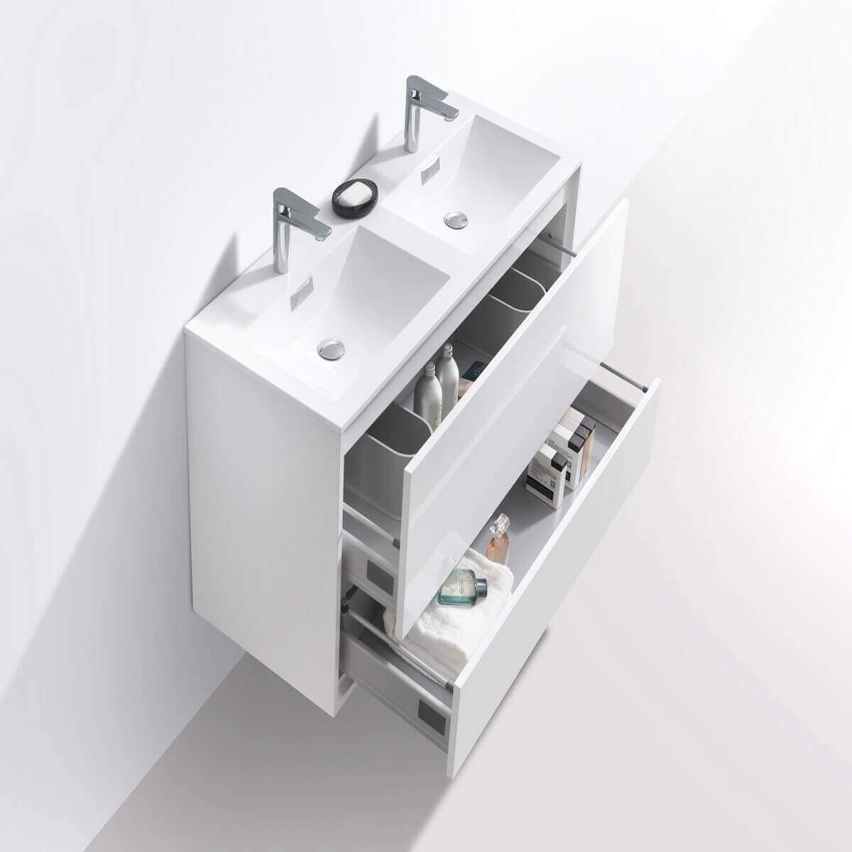 KubeBath DeLusso 48" Gloss White Wall Mount Double Vanity DL48D-GW Open Drawers #finish_high gloss white