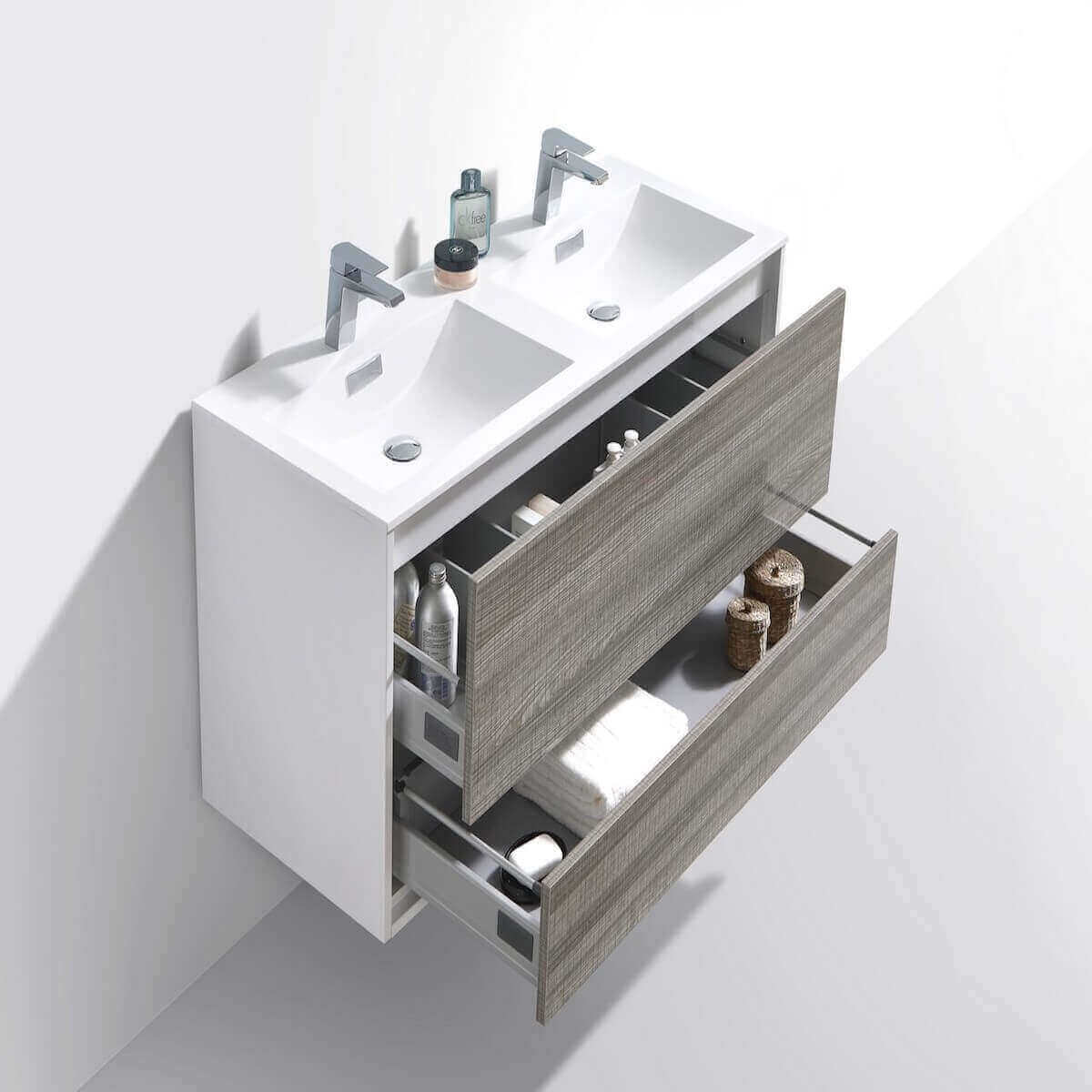 KubeBath DeLusso 48" Ash Gray Wall Mount Double Vanity DL48D-HGASH Open Drawers #finish_ash gray