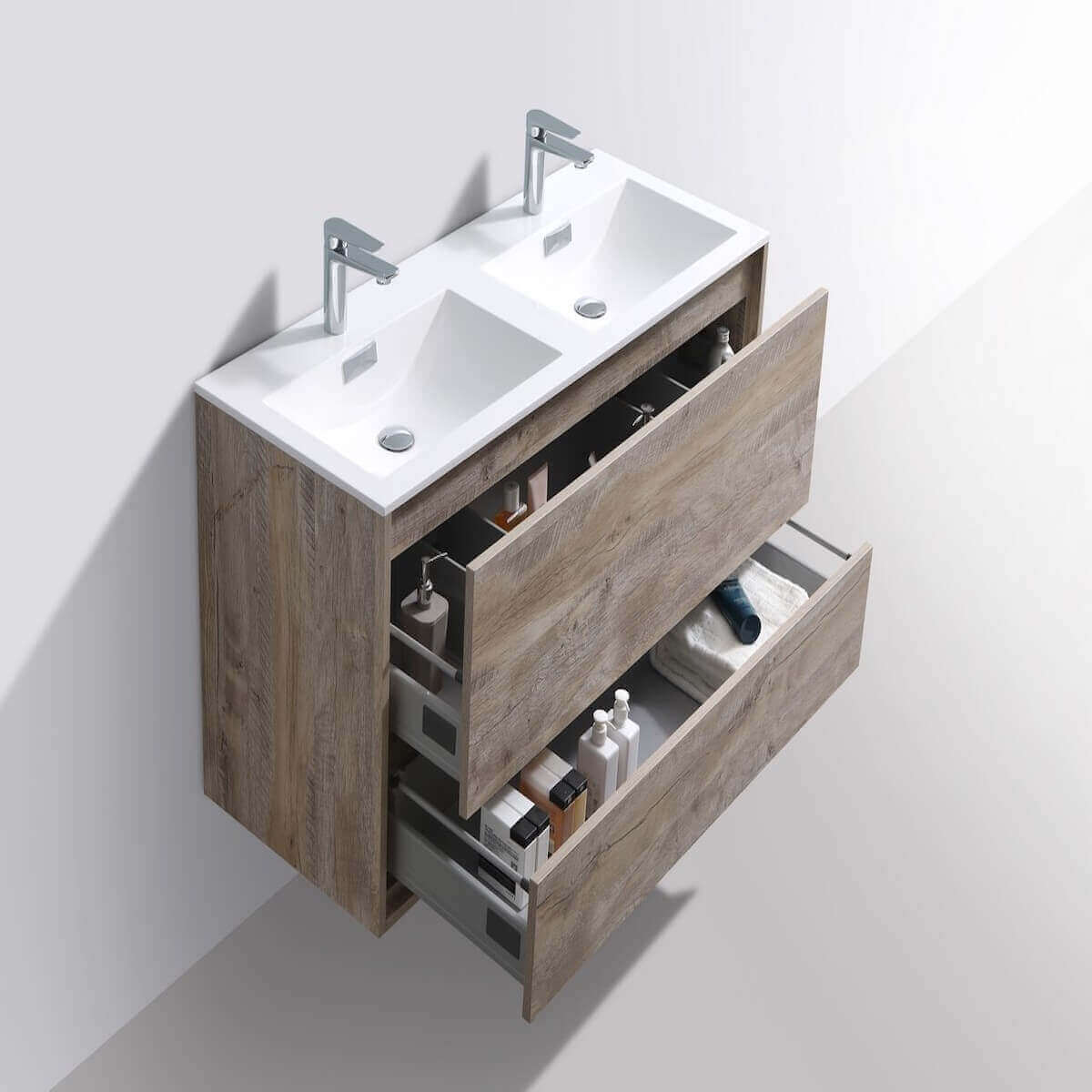 KubeBath DeLusso 48" Nature Wood Wall Mount Double Vanity DL48D-NW Open Drawers #finish_nature wood