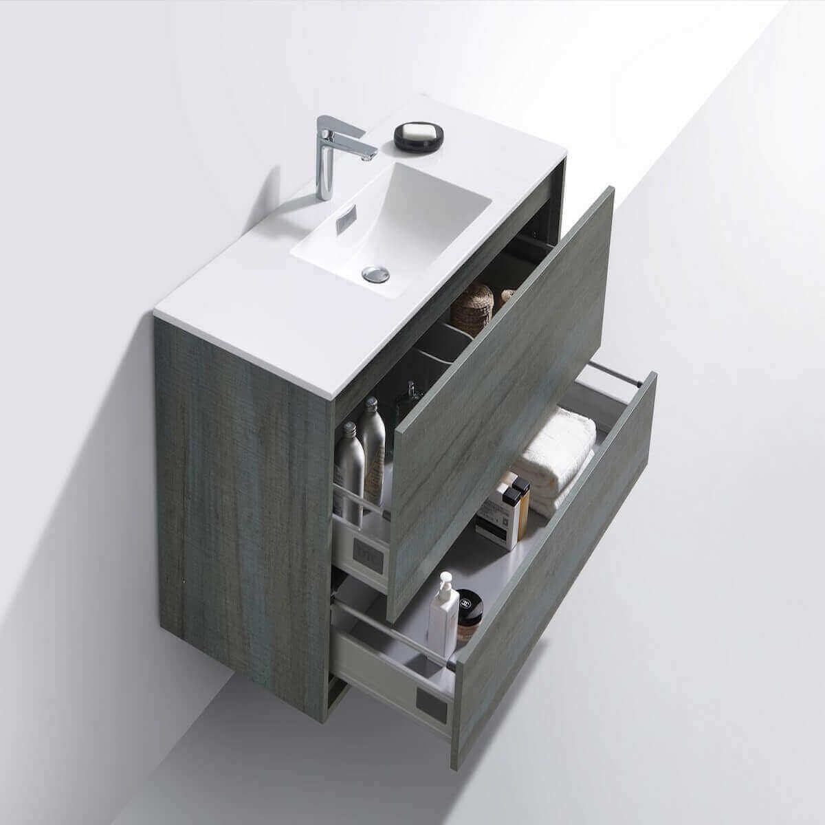 KubeBath DeLusso 48" Ocean Gray Wall Mount Single Vanity DL48S-BE Open Drawers #finish_ocean gray