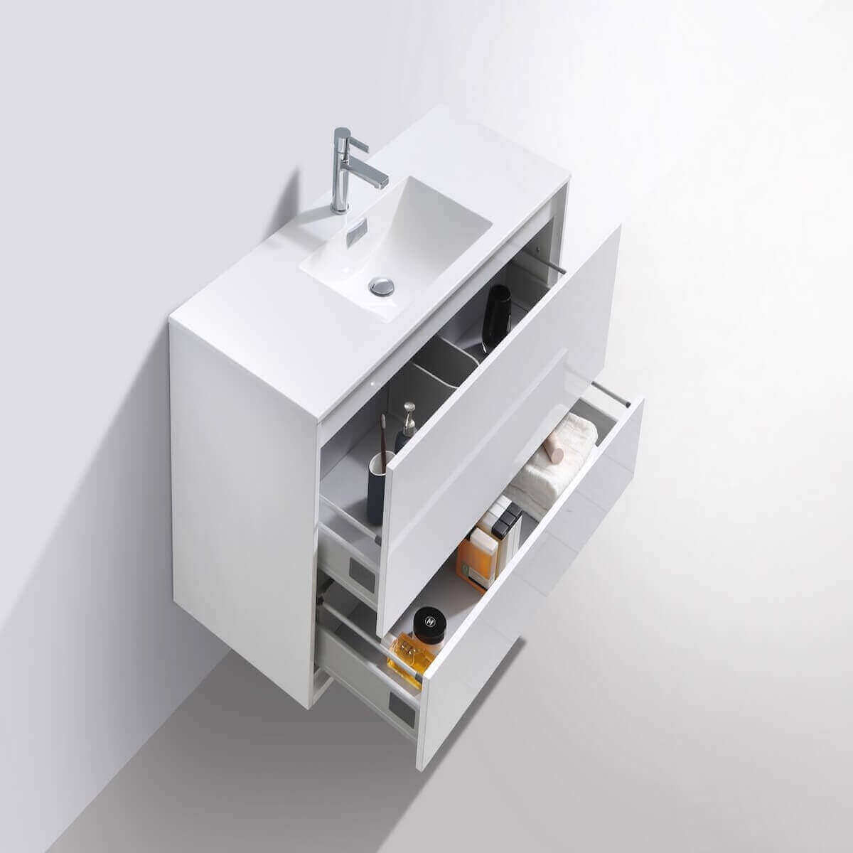 KubeBath DeLusso 48" Gloss White Wall Mount Single Vanity DL48S-GW Open Drawers #finish_high gloss white