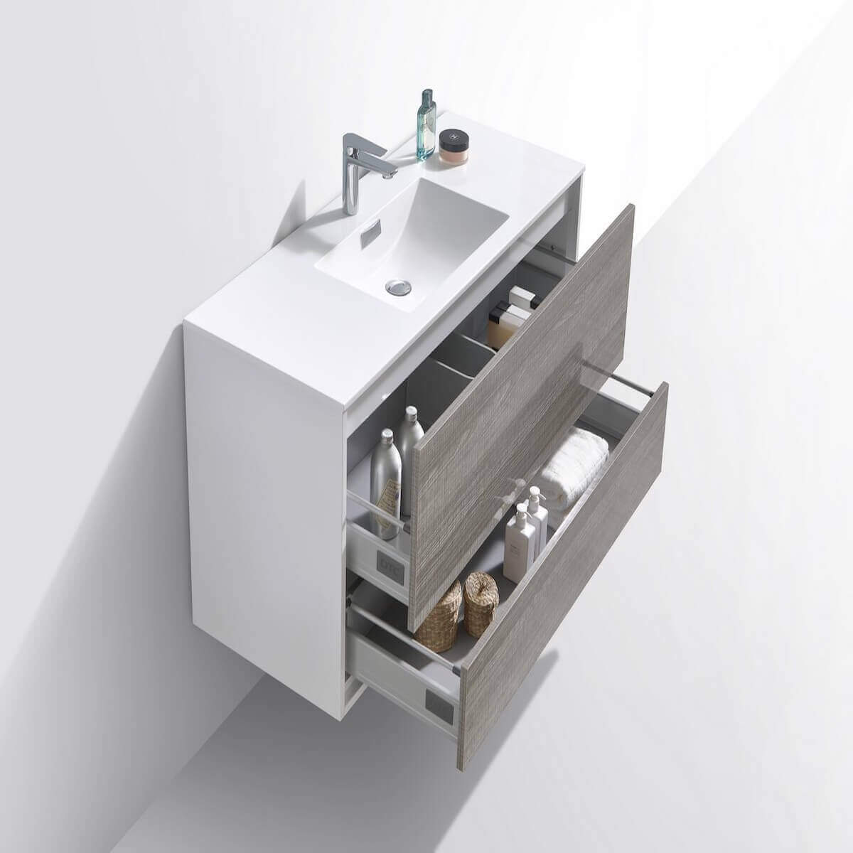 KubeBath DeLusso 48" Ash Gray Wall Mount Single Vanity DL48S-HGASH Open Drawers #finish_ash gray