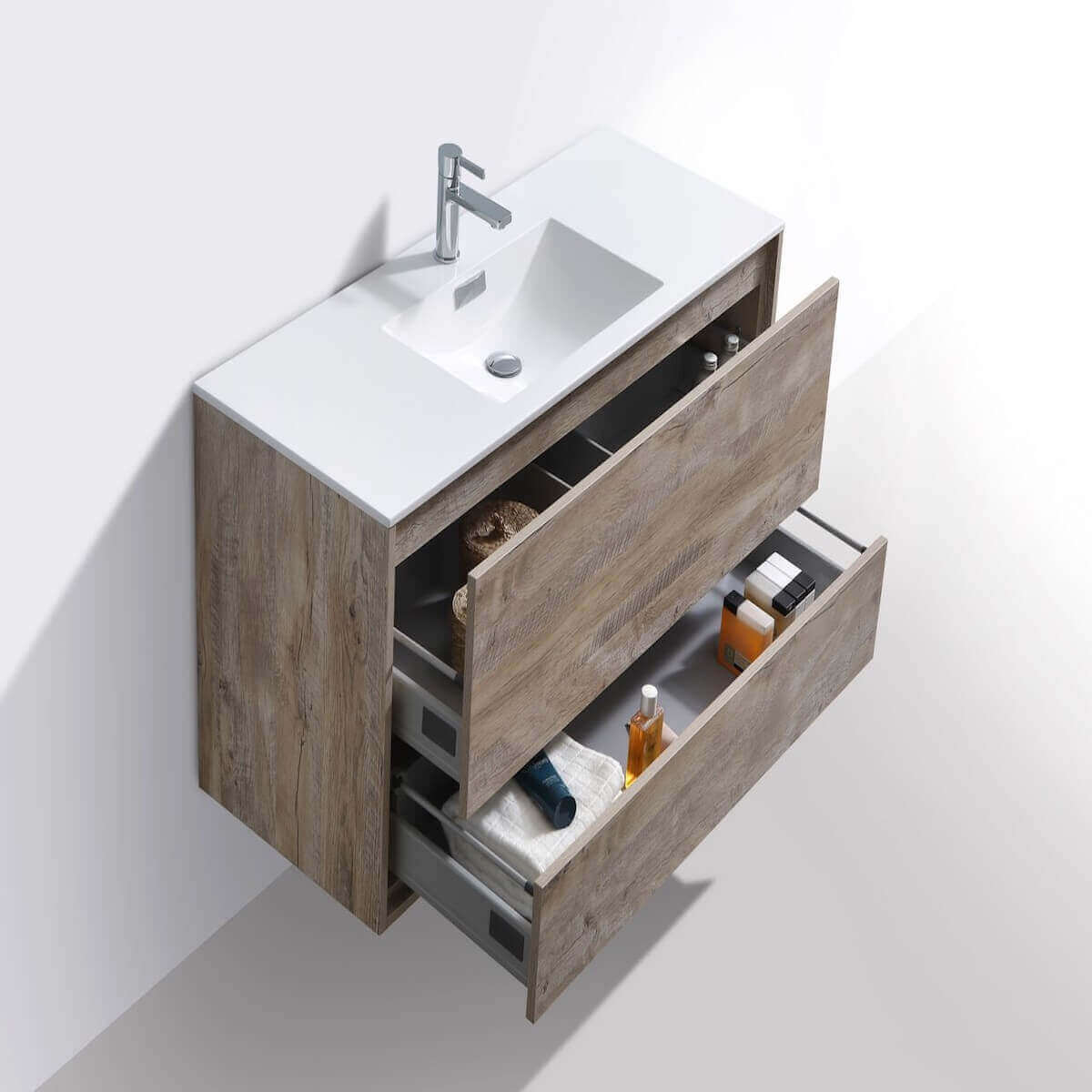 KubeBath DeLusso 48" Nature Wood Wall Mount Single Vanity DL48S-NW Open Drawers #finish_nature wood