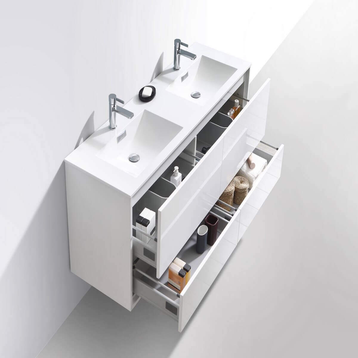 KubeBath DeLusso 60" Gloss White Wall Mount Double Vanity DL60D-GW Open Drawers #finish_high gloss white