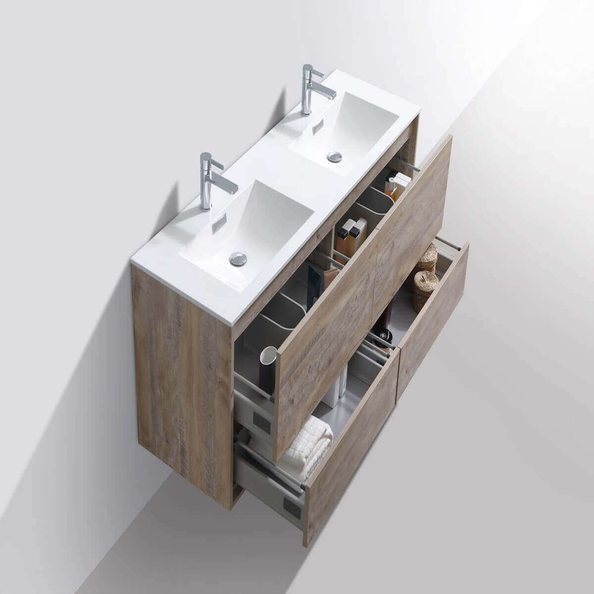 KubeBath DeLusso 60" Nature Wood Wall Mount Double Vanity DL60D-NW Open Drawers #finish_nature wood