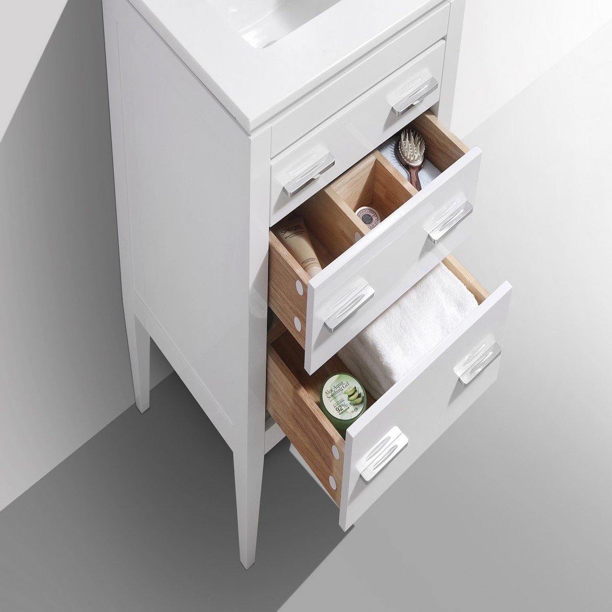 KubeBath Eiffel 24" High Gloss White Single Vanity with Quartz Countertop E24-GW Open Drawers
