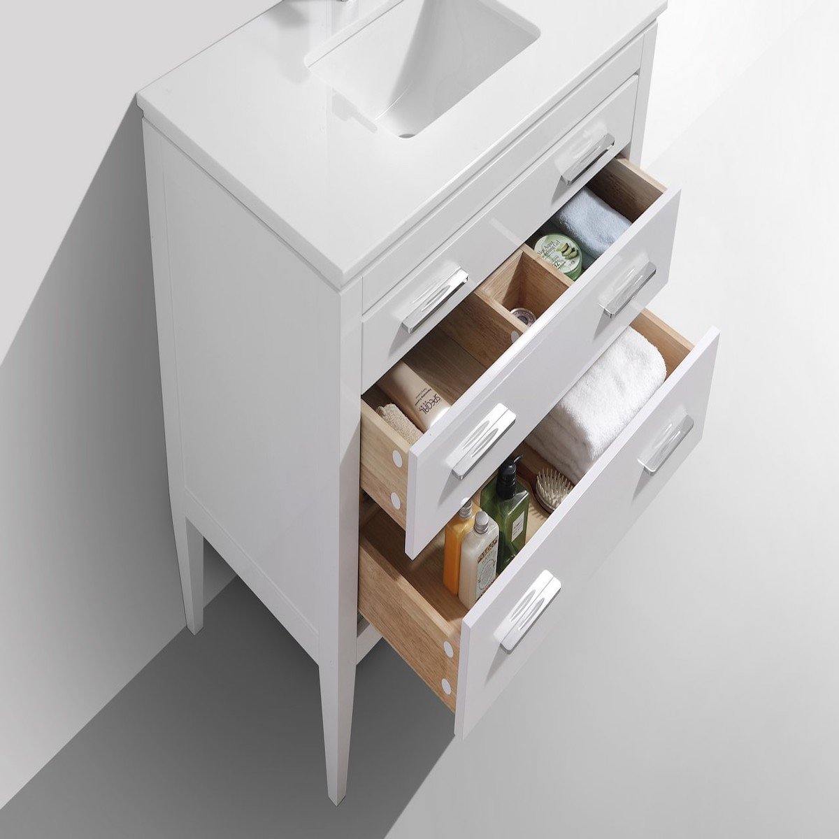 KubeBath Eiffel 36" High Gloss White Single Vanity with Quartz Countertop E36-GW Open Drawers