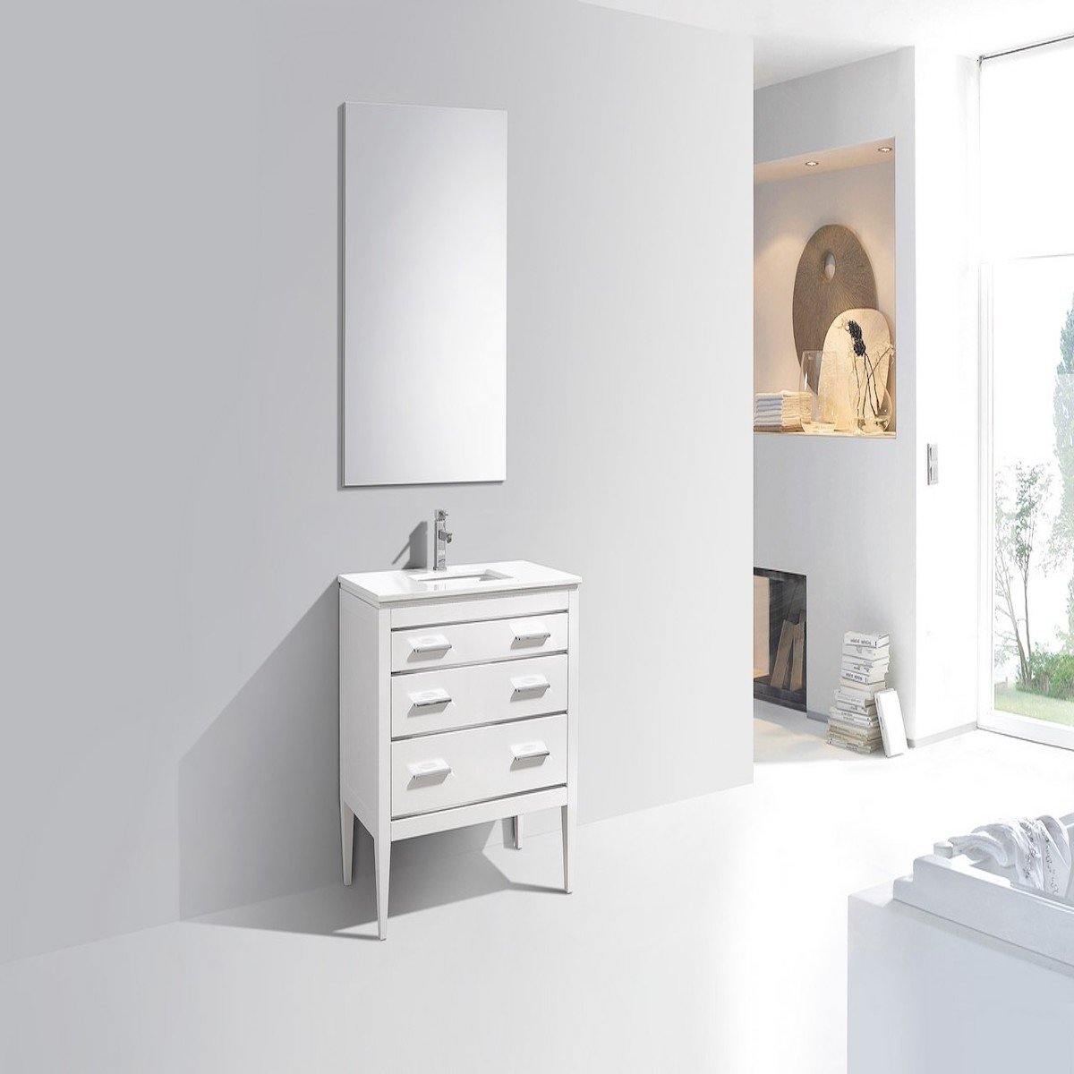 KubeBath Eiffel 36" High Gloss White Single Vanity with Quartz Countertop E36-GW in Bathroom