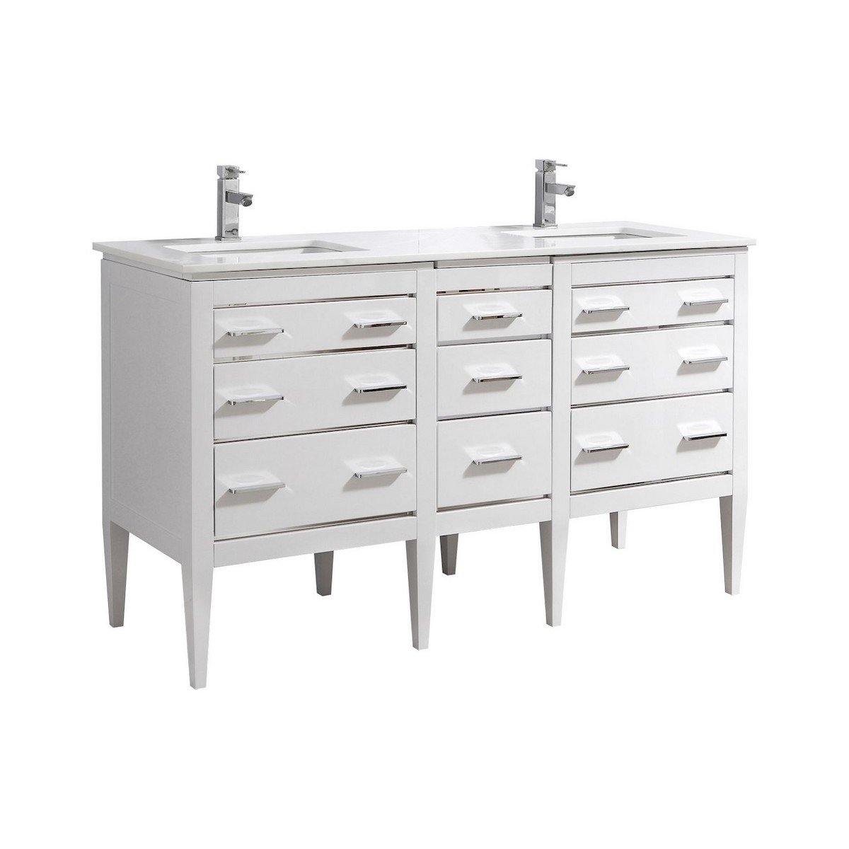 KubeBath Eiffel 60" Double Sink High Gloss White Vanity with Quartz Countertop E60-GW
