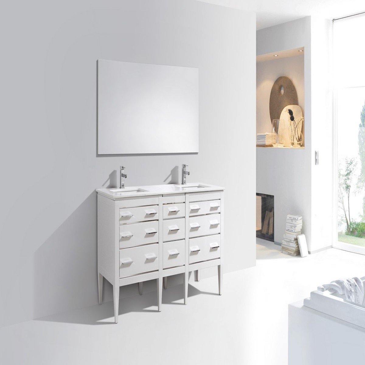 KubeBath Eiffel 60" Double Sink High Gloss White Vanity with Quartz Countertop E60-GW in Bathroom