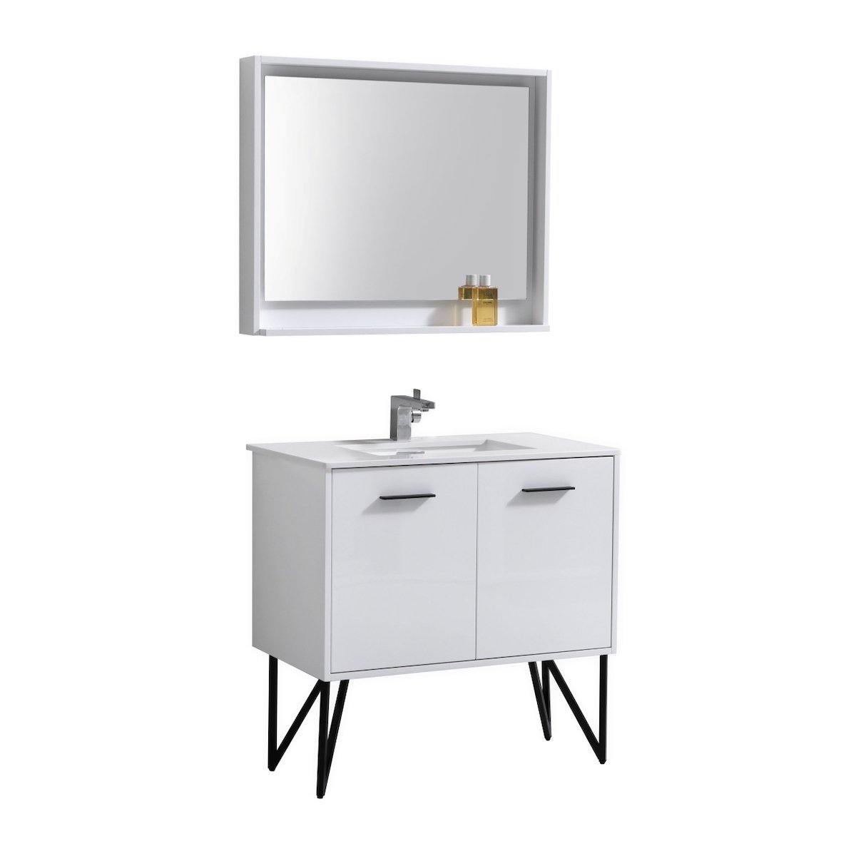 KubeBath Bosco 36" Gloss White Freestanding Single Vanity with Quartz Countertop KB36-GW #finish_high gloss white