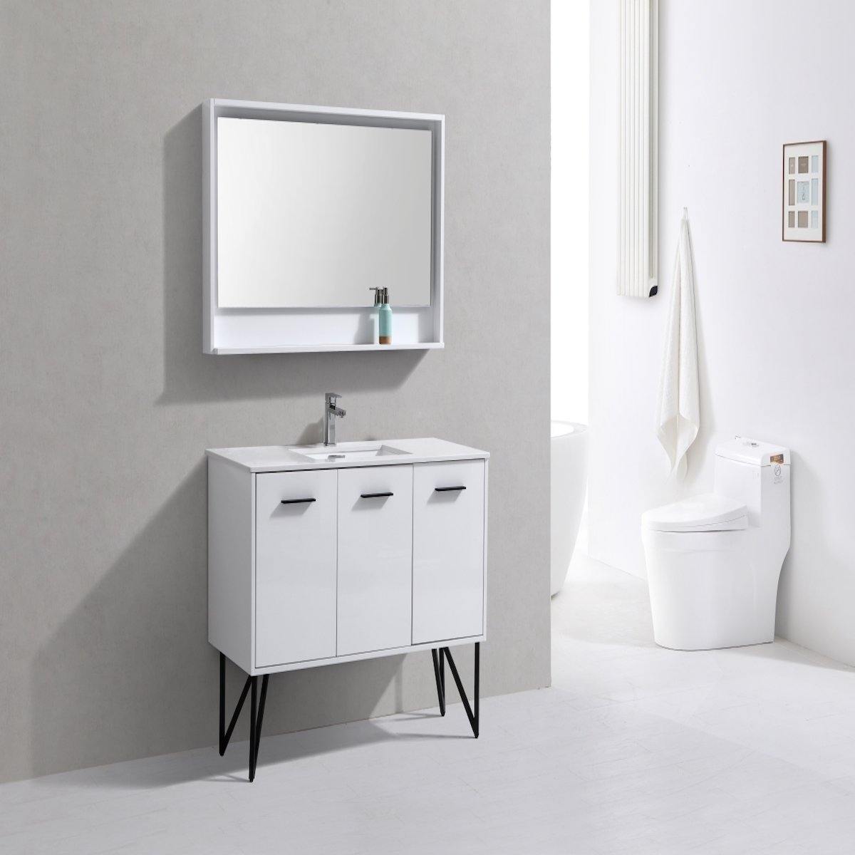 KubeBath Bosco 48" Gloss White Freestanding Single Vanity with Quartz Countertop KB48-GW in Bathroom #finish_high gloss white
