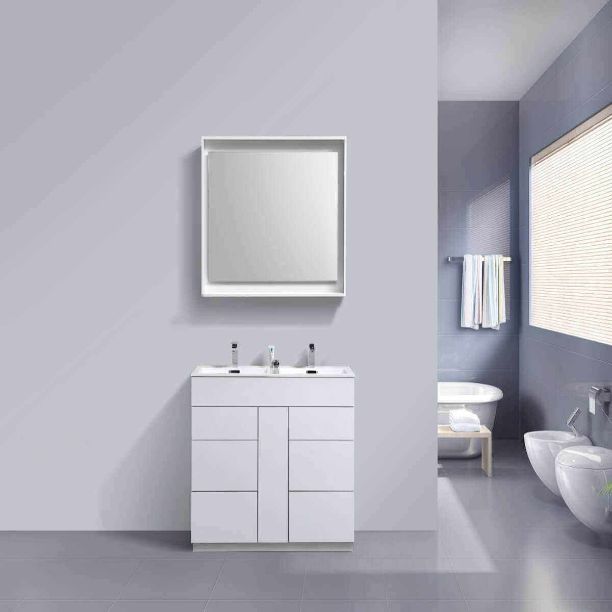 KubeBath Milano 48" Gloss White Freestanding Double Vanity KFM48D-GW in Bathroom #finish_gloss white