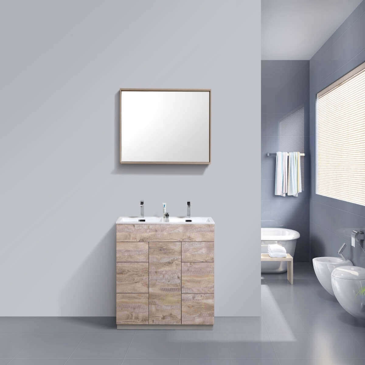 KubeBath Milano 48" Nature Wood Freestanding Double Vanity KFM48D-NW in Bathroom #finish_nature wood