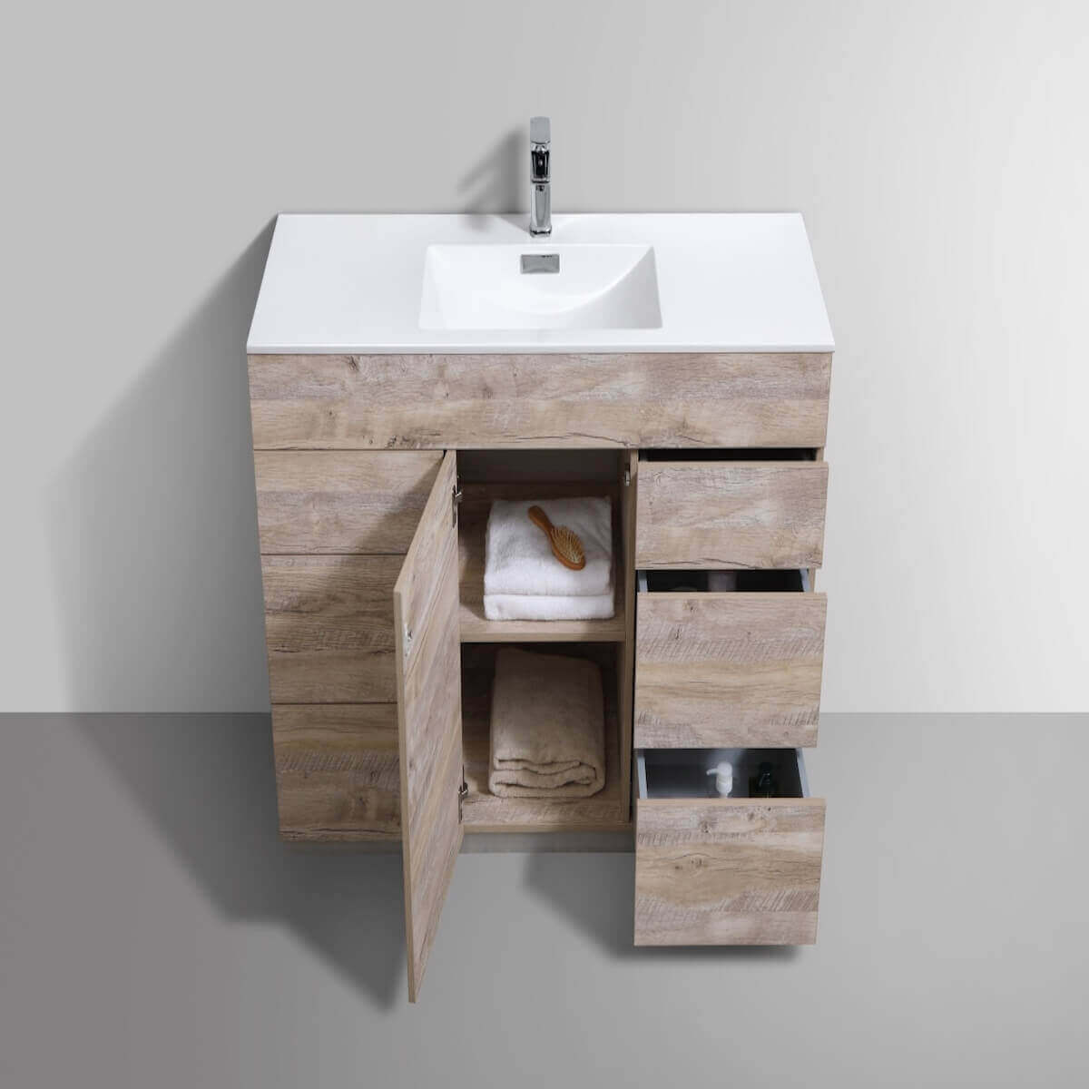 KubeBath Milano 48" Nature Wood Floor Mount Single Vanity KFM48S-NW Open Cabinet and Drawers #finish_nature wood