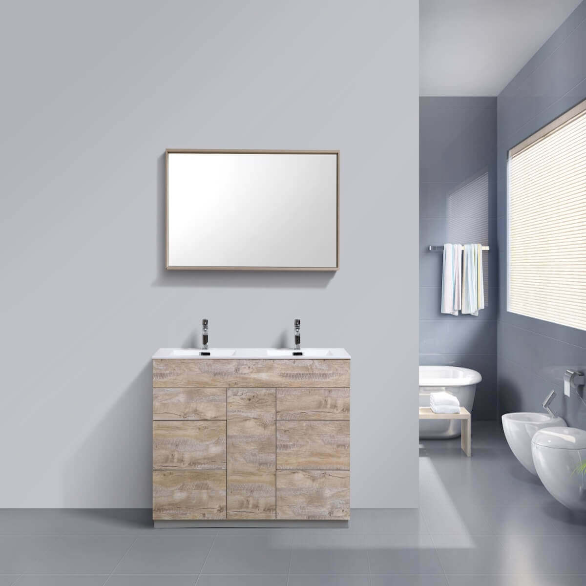 KubeBath Milano 60" Nature Wood Freestanding Double Vanity KFM60D-NW in Bathroom #finish_nature wood