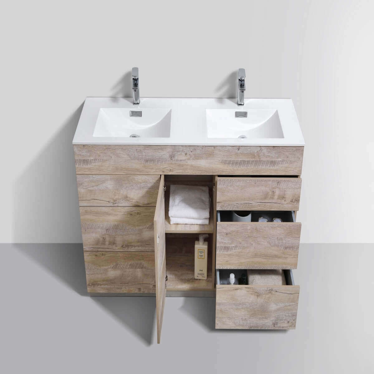 KubeBath Milano 60" Nature Wood Freestanding Double Vanity KFM60D-NW Inside #finish_nature wood