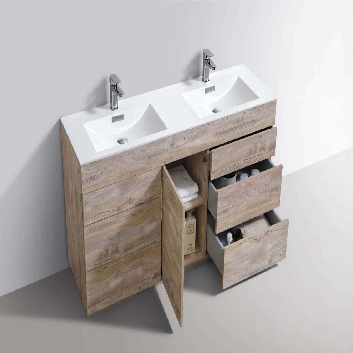 KubeBath Milano 60" Nature Wood Freestanding Double Vanity KFM60D-NW Open Drawers and Cabinet #finish_nature wood