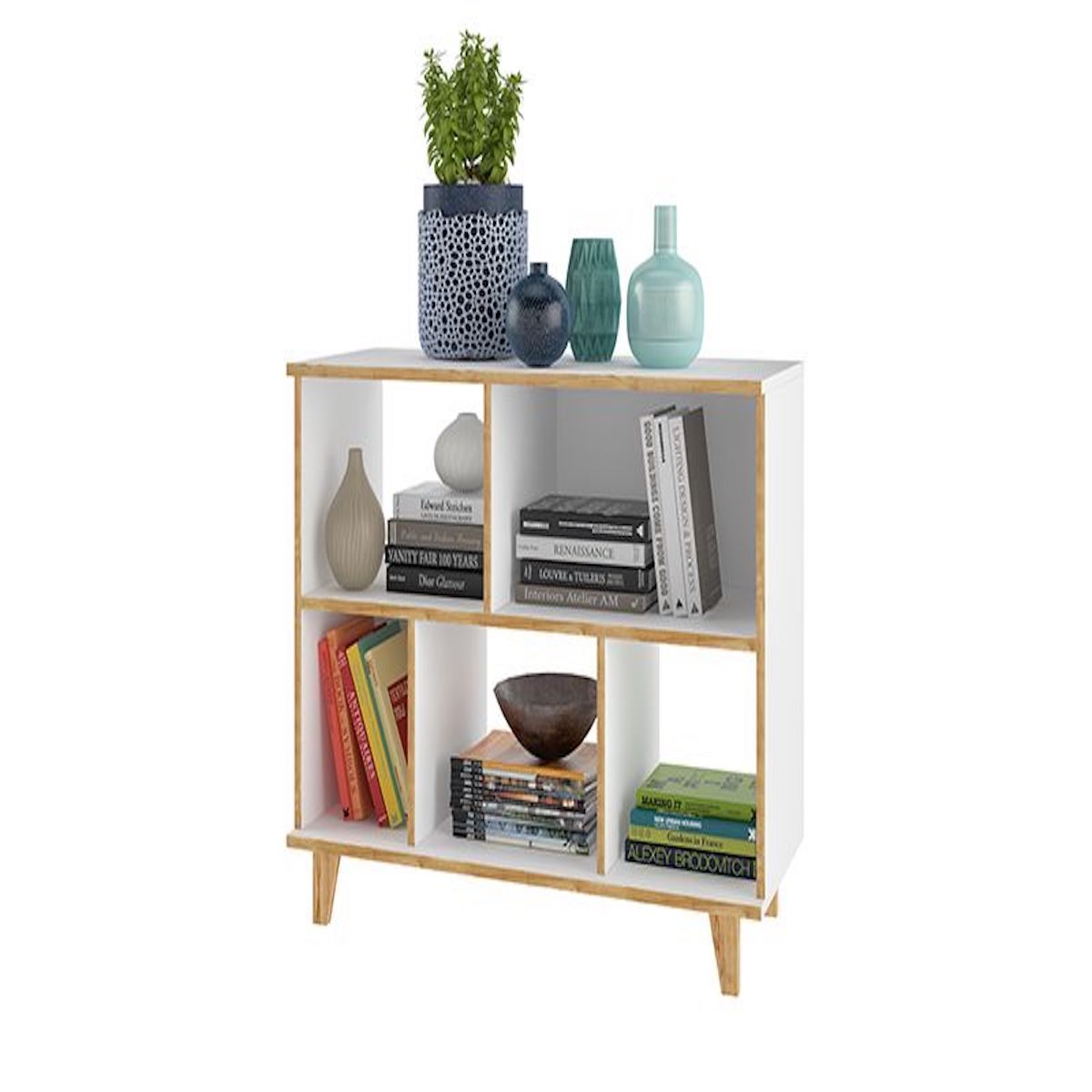 Manhattan Comfort Minutia White 5-Shelf Mid Century Low Bookcase 129AMC160