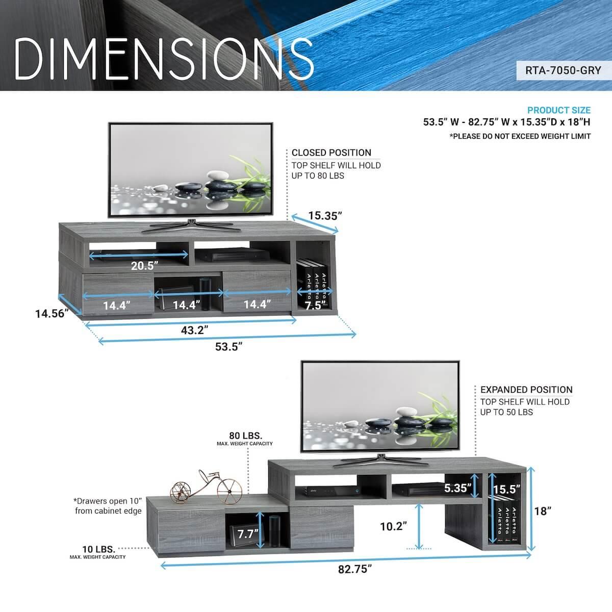 Techni Mobili Adjustable TV Stand Console for TVs Up to 65" RTA-7050-GRY Dimensions
