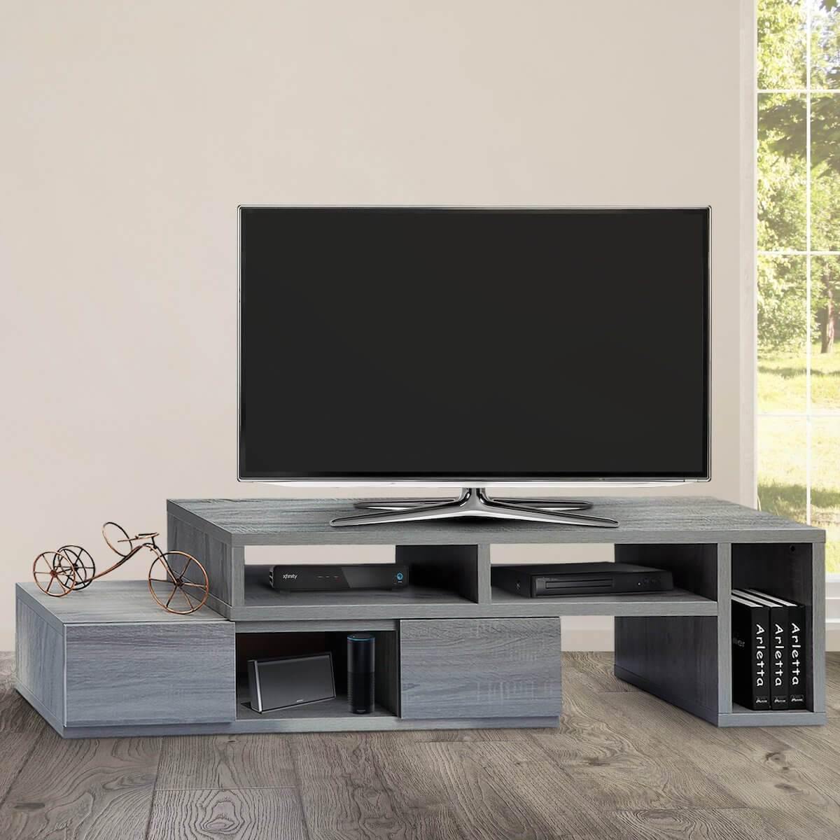 Techni Mobili Adjustable TV Stand Console for TVs Up to 65" RTA-7050-GRY Expanded in Room with TV