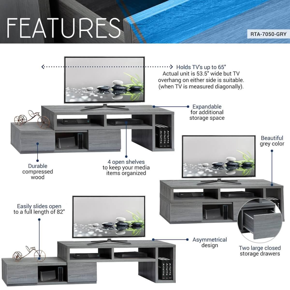 Techni Mobili Adjustable TV Stand Console for TVs Up to 65" RTA-7050-GRY Features