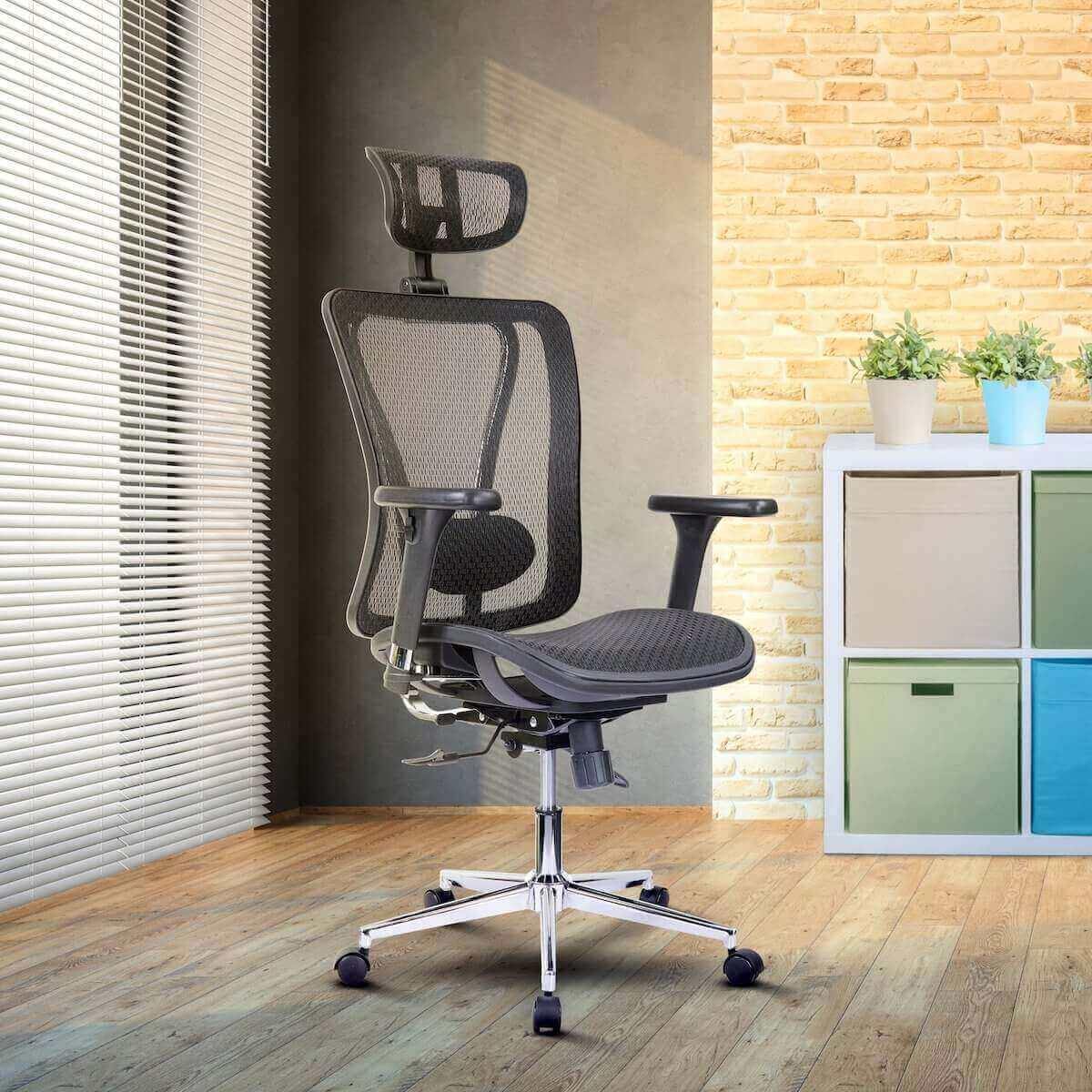 Techni Mobili Black High Back Executive Mesh Office Chair with Arms, Headrest, and Lumbar Support RTA-1009-BK in Office