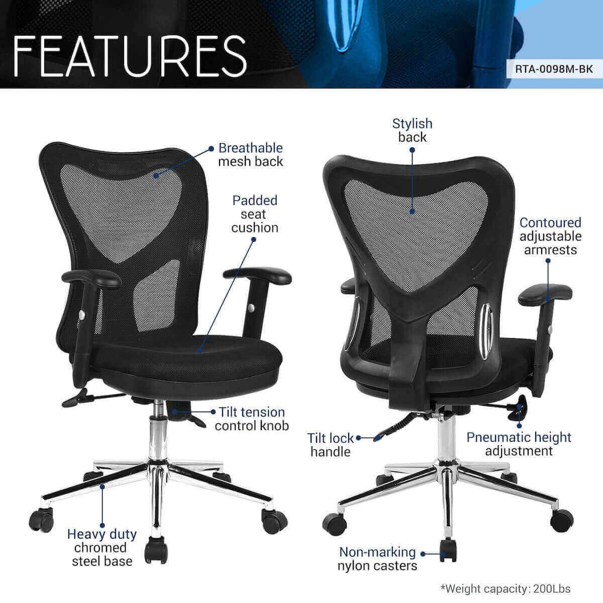 Techni Mobili Black High Back Mesh Office Chair With Chrome Base RTA-0098M-BK Features
