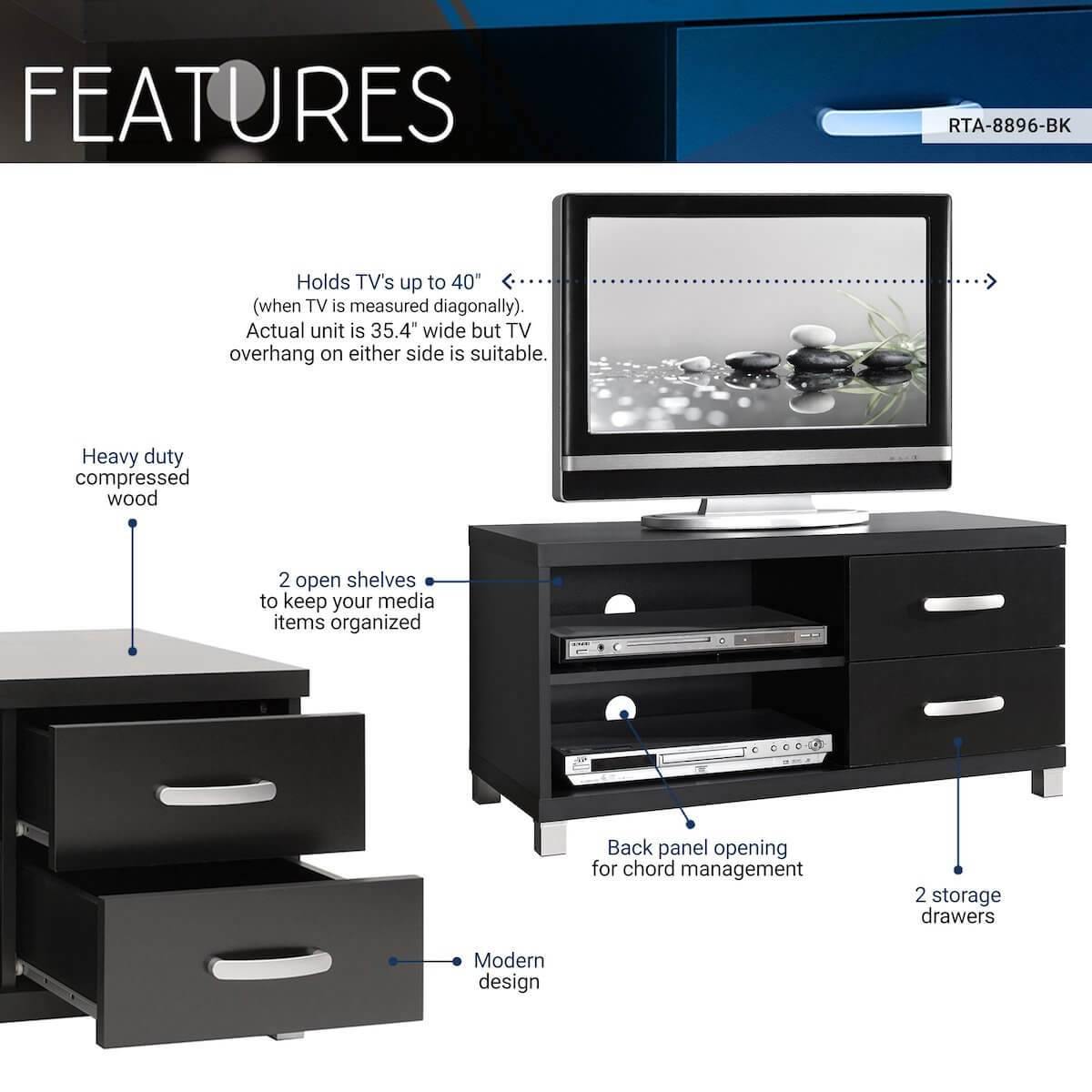 Techni Mobili Black Modern TV Stand with Storage for TVs Up To 40" RTA-8896-BK Features