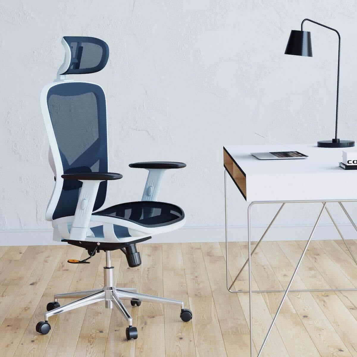 Techni Mobili Blue High Back Executive Mesh Office Chair with Arms, Headrest, and Lumbar Support RTA-1008-BL in Office