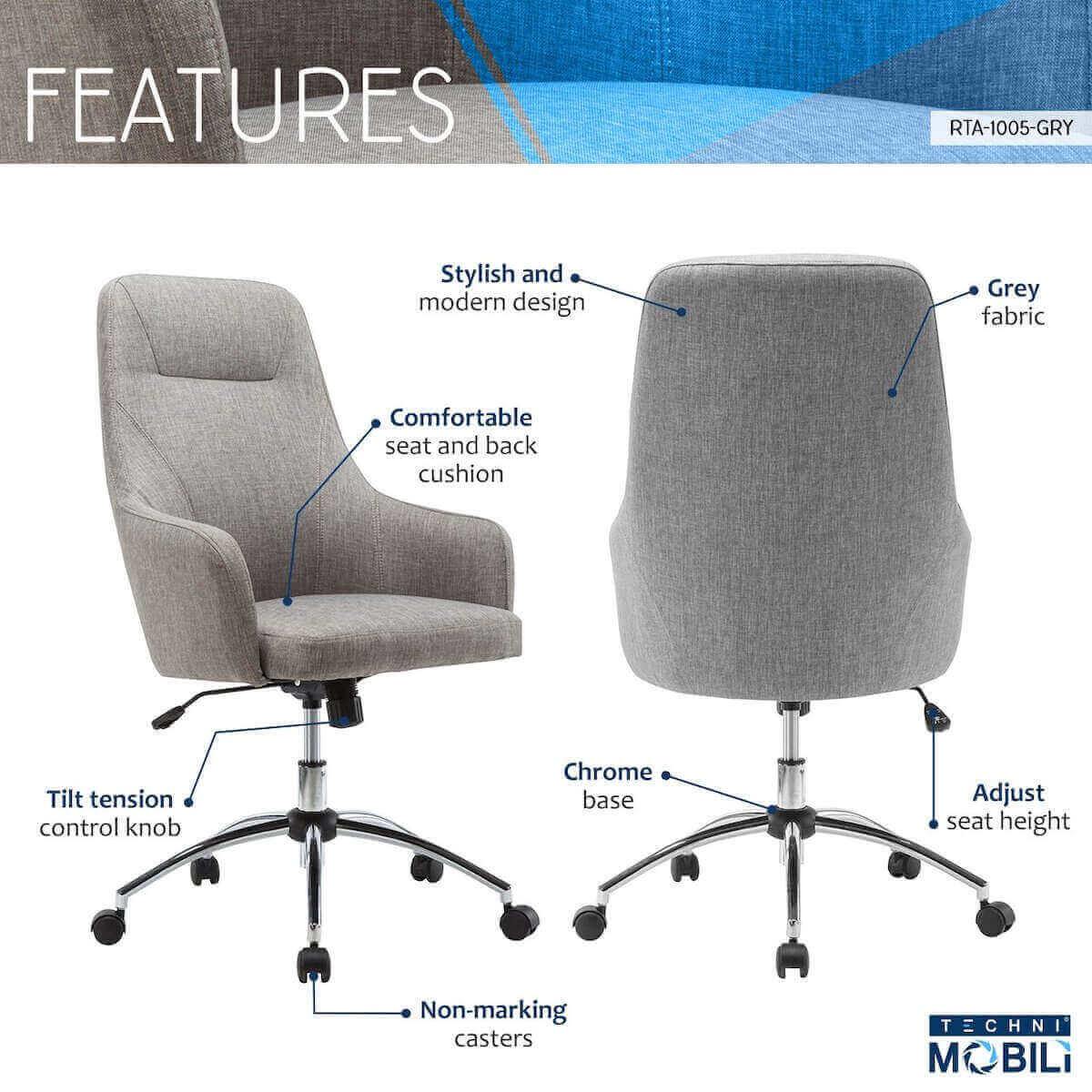 Techni Mobili Comfy Height Adjustable Rolling Office Desk Chair with Wheels RTA-1005-GRY Features