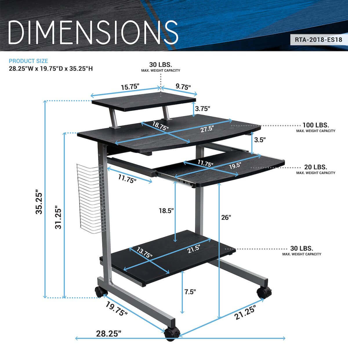 Techni Mobili Compact Computer Cart With Storage RTA-2018 Dimensions