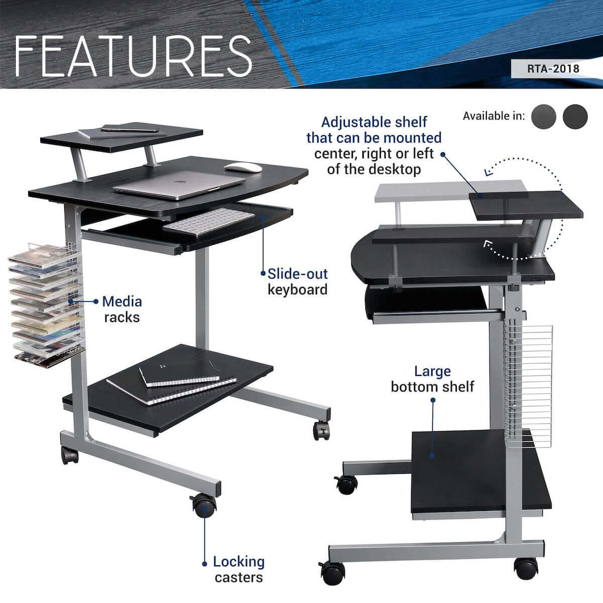 Techni Mobili Compact Computer Cart With Storage RTA-2018 Features