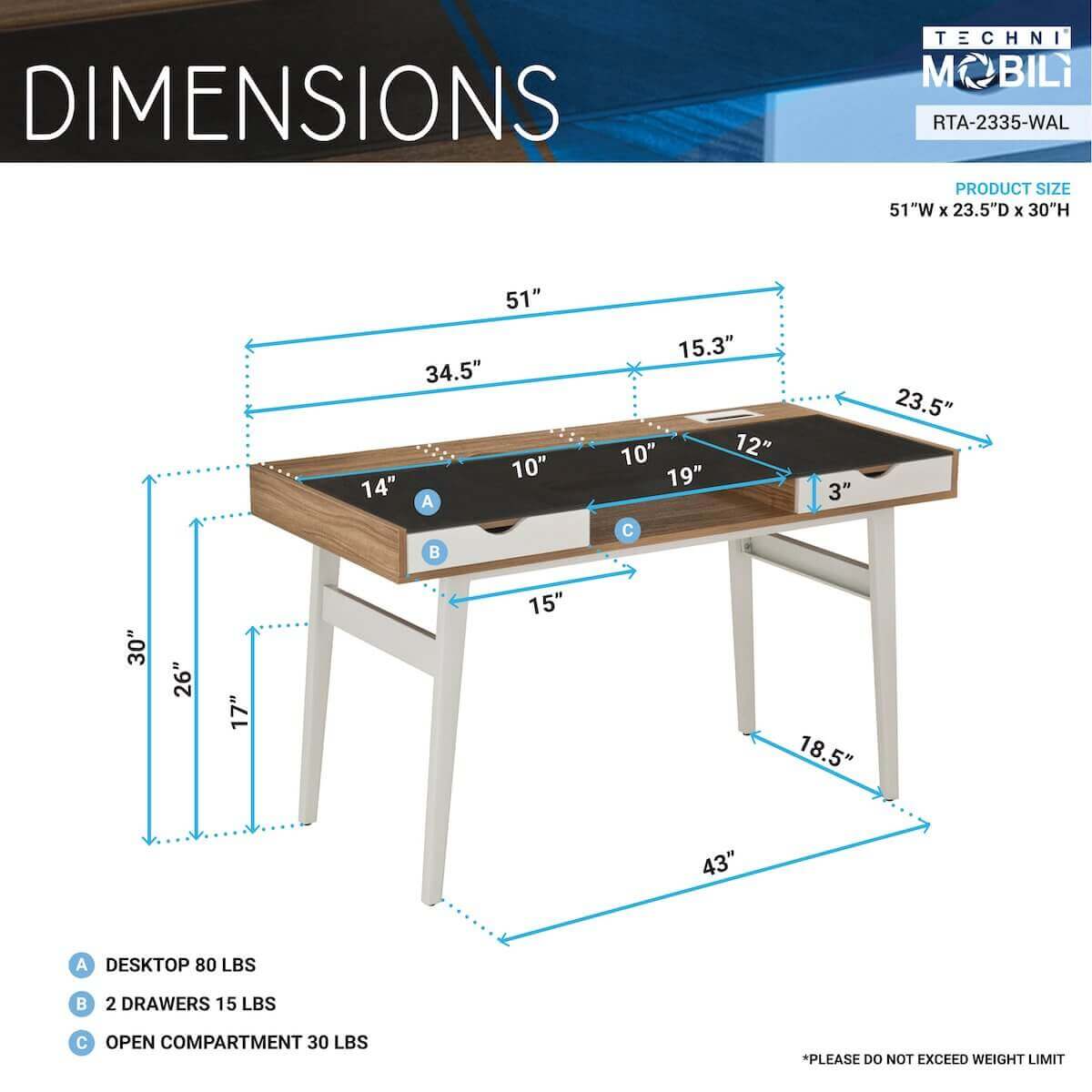 Techni Mobili Compact Computer Desk with Multiple Storage RTA-2335-WAL Dimensions