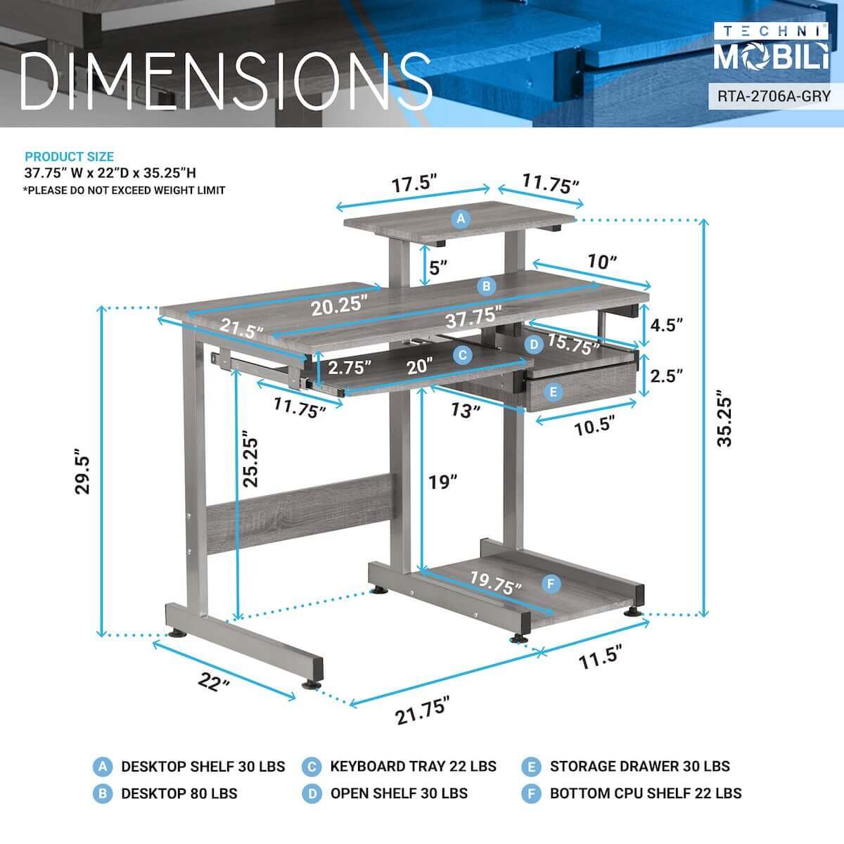 Techni Mobili Complete Computer Workstation Desk RTA-2706A
