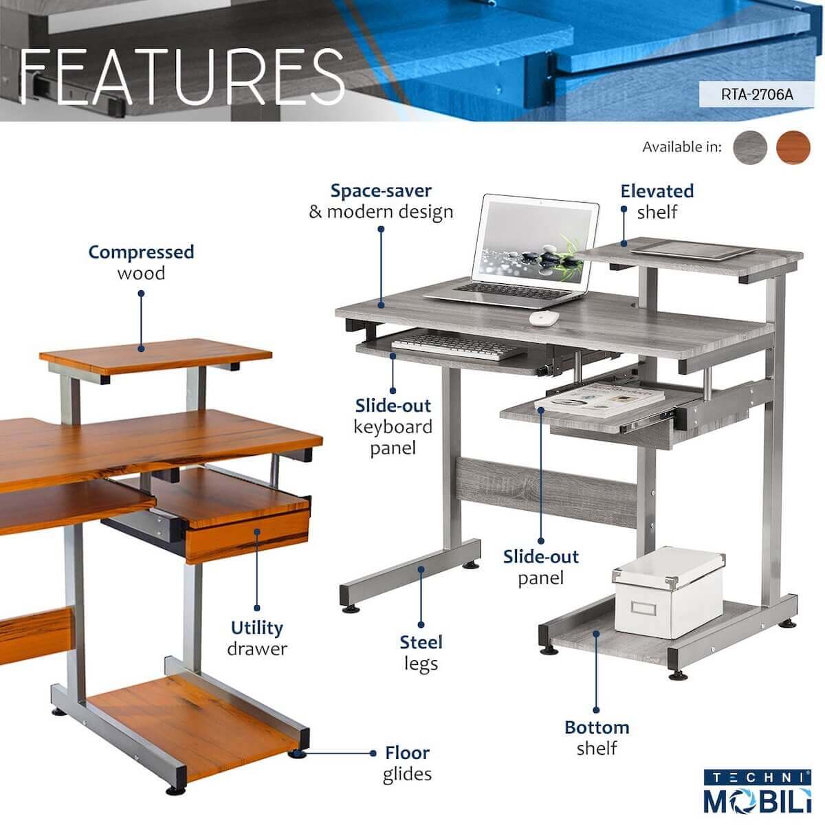Techni Mobili Complete Computer Workstation Desk RTA-2706A