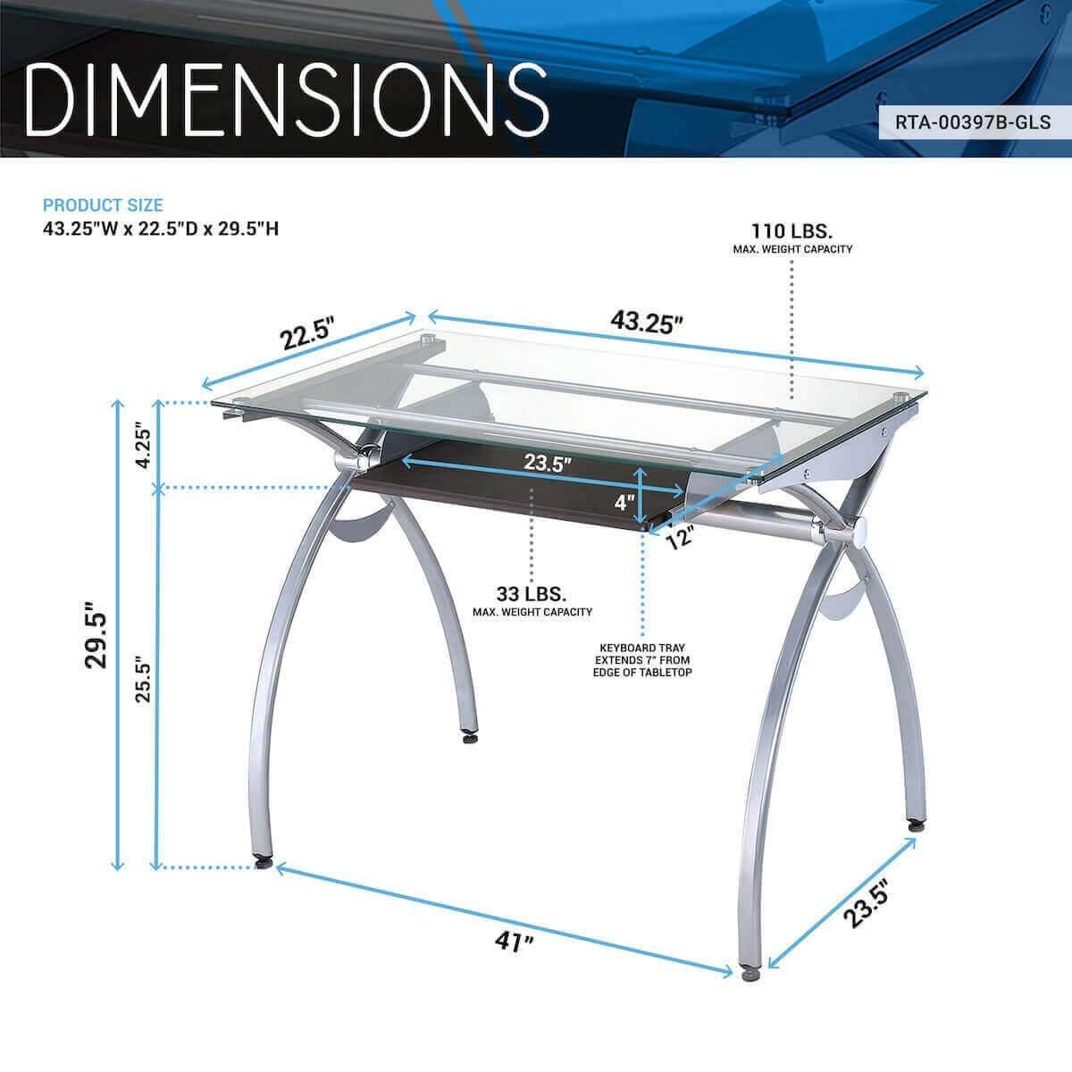 Techni Mobili Contempo Clear Glass Top Computer Desk with Pull Out Keyboard Panel RTA-00397B-GLS Dimensions