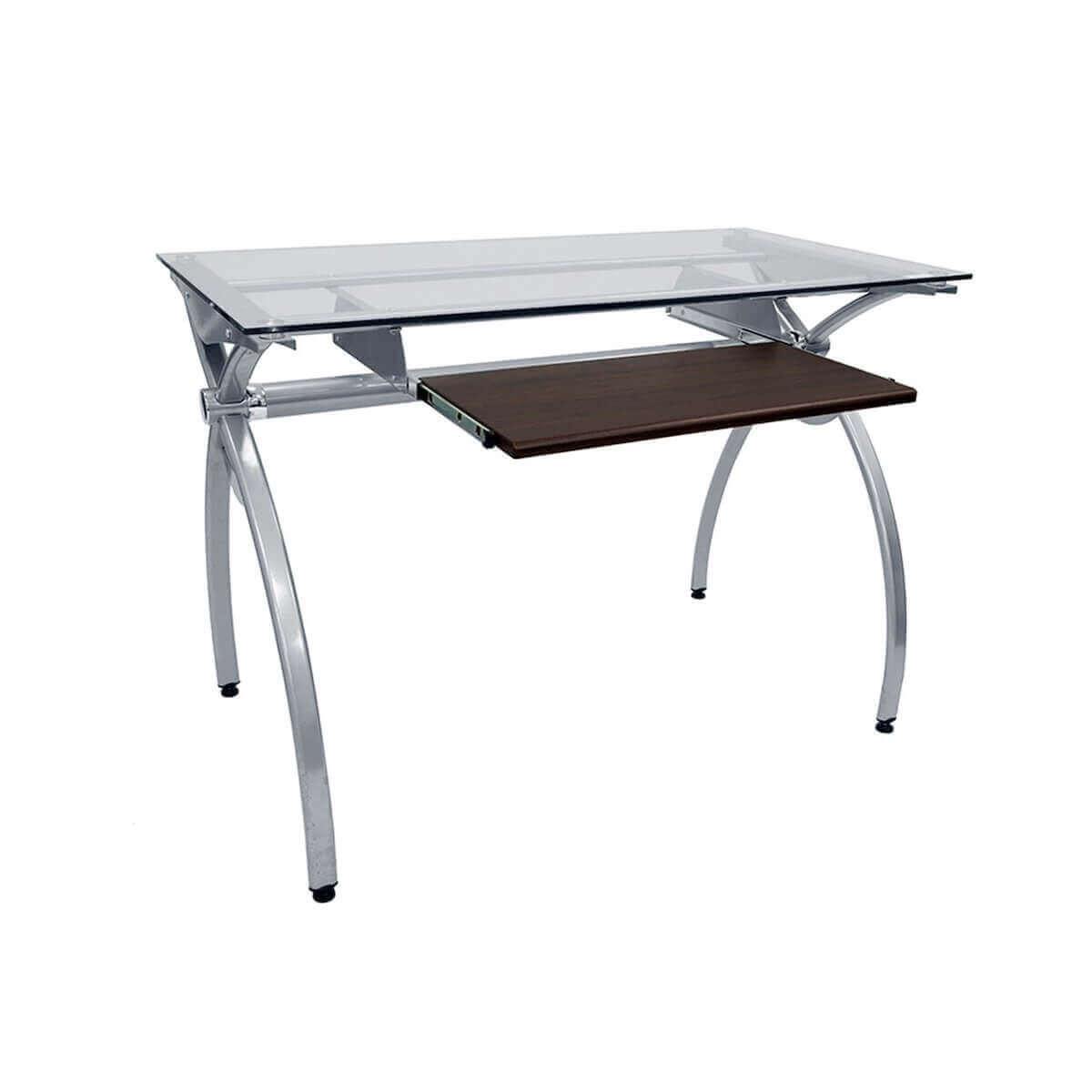 Techni Mobili Contempo Clear Glass Top Computer Desk with Pull Out Keyboard Panel RTA-00397B-GLS Open Drawer