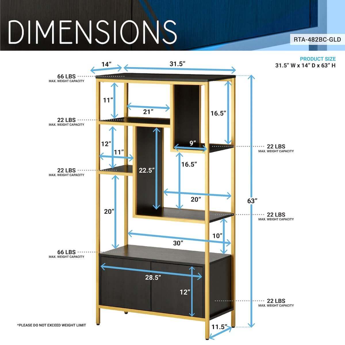 Techni Mobili Gold Book Case Storage Rack With Door Cabinet Dimensions RTA-482BC-GLD #color_gold