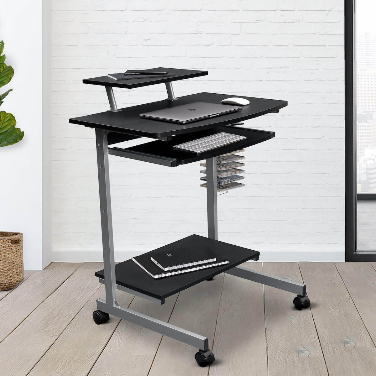 Techni Mobili Graphite Compact Computer Cart With Storage RTA-2018-GPH06 in Office #color_graphite