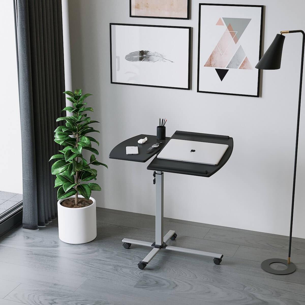 Techni Mobili Graphite Rolling Adjustable Laptop Cart RTA-B003-GPH06 Sitting in Office #color_graphite