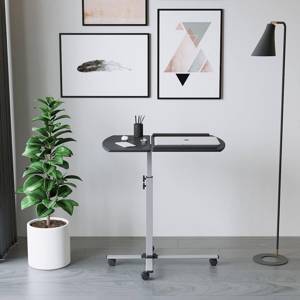 Techni Mobili Graphite Rolling Adjustable Laptop Cart RTA-B003-GPH06 Standing in Office #color_graphite