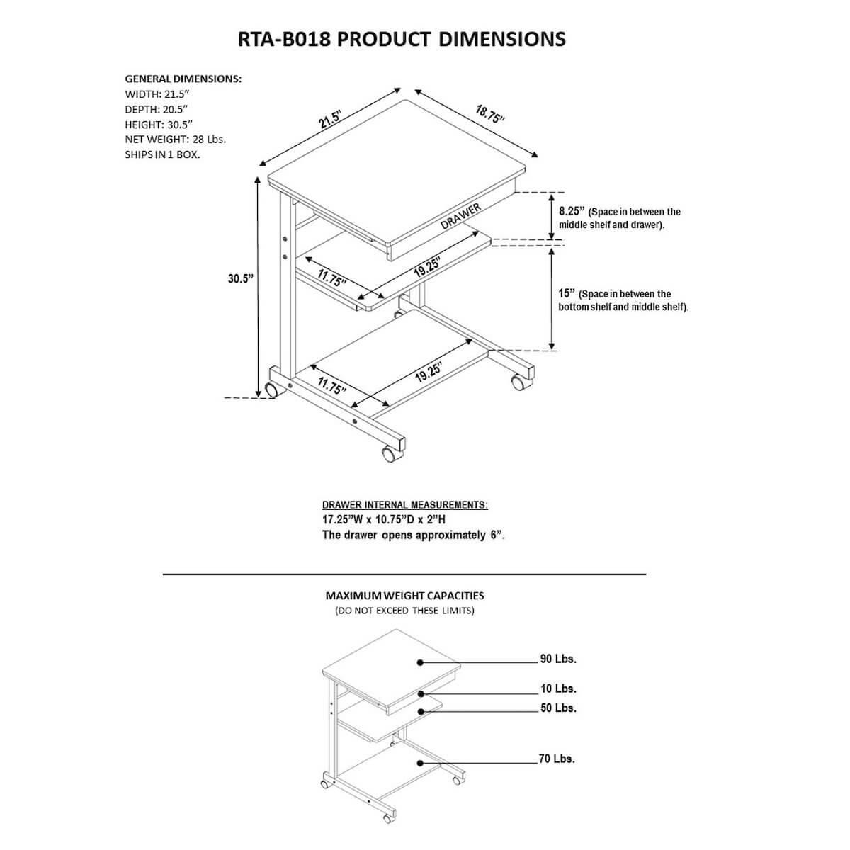 Techni Mobili Graphite Rolling Laptop Cart with Storage RTA-B018-GPH06 Dimensions
