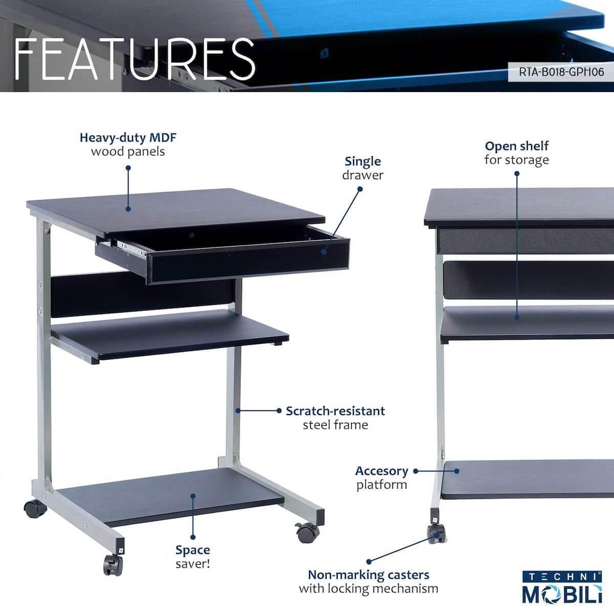 Techni Mobili Graphite Rolling Laptop Cart with Storage RTA-B018-GPH06 Features