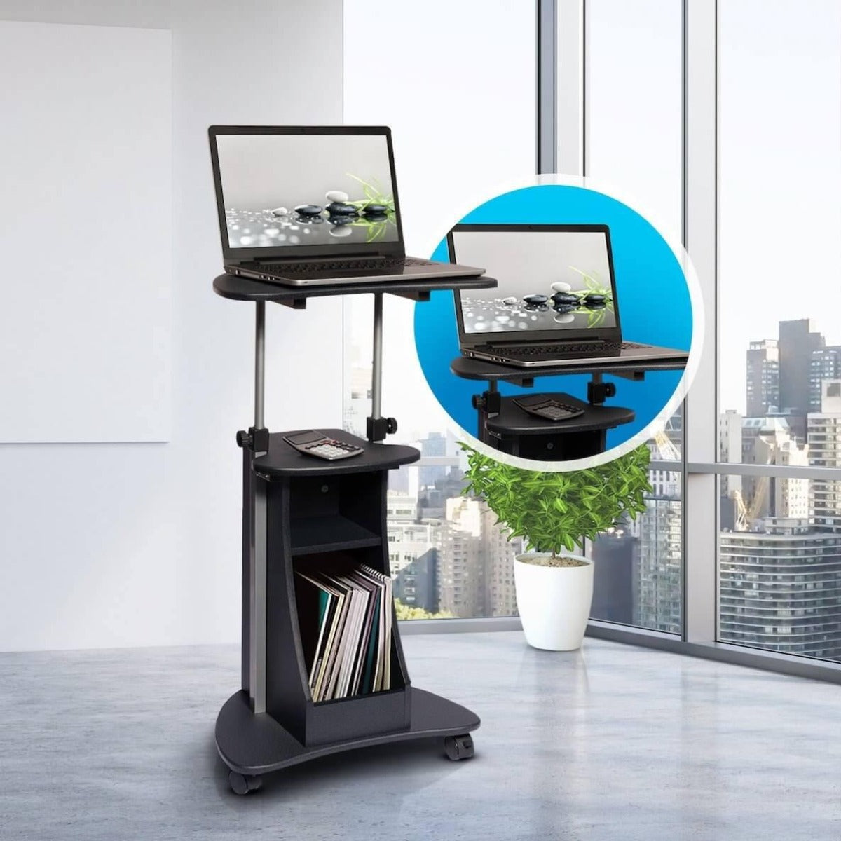 Techni Mobili Graphite Sit-to-Stand Rolling Adjustable Height Laptop Cart With Storage RTA-B002-GPH06 in Office #color_graphite