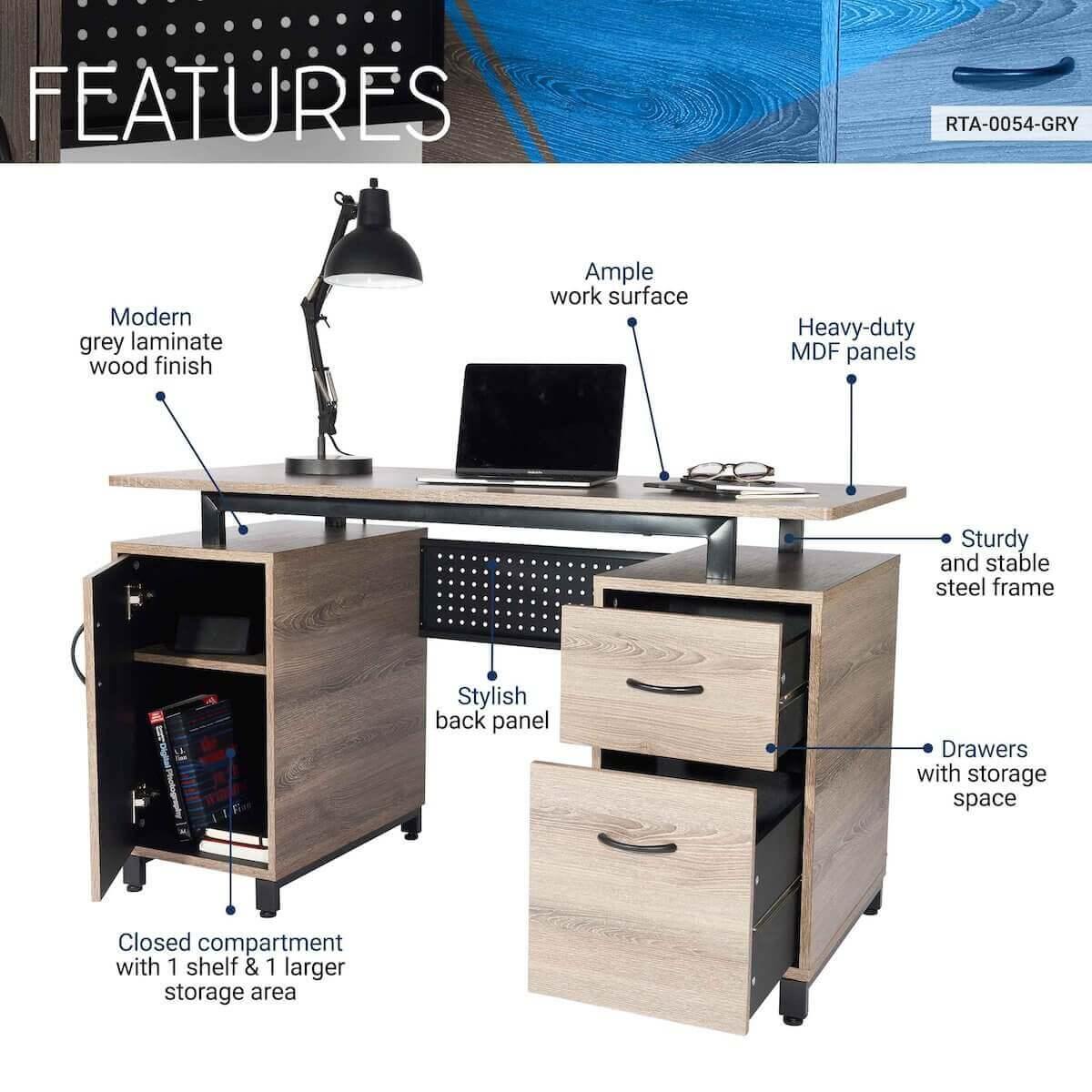 Techni Mobili Gray Computer Desk with Storage RTA-0054-GRY Features